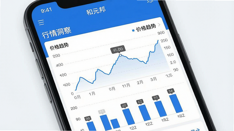 一张数据可视化图表界面,显示在“和元邦”APP内,包含折线图展示价格波动,柱状图对比不同地区销量。主体为手机屏幕,布局严谨,风格商务简约,蓝色系为主,细节包括数据标签、坐标轴,画质细腻,干净背景,文字标注