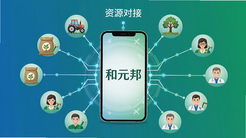 一张概念插画,展示手机屏幕中间显示“和元邦”Logo,周围环绕着各种农业元素图标,如拖拉机、种子袋、果树、专家头像等,通过线条连接中心,象征资源汇聚。布局呈辐射状,风格为科技感与农业结合,色调为蓝绿渐变,细节丰富,画质高清,干净背景,文字标注