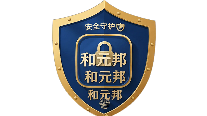 一张盾牌图标与手机结合的插画,象征安全保护。主体为“和元邦”APP图标被盾牌环绕,布局居中,风格简洁有力,色调为深蓝与金色,细节包括锁形图标、指纹识别图案,画质高清,干净背景,文字标注