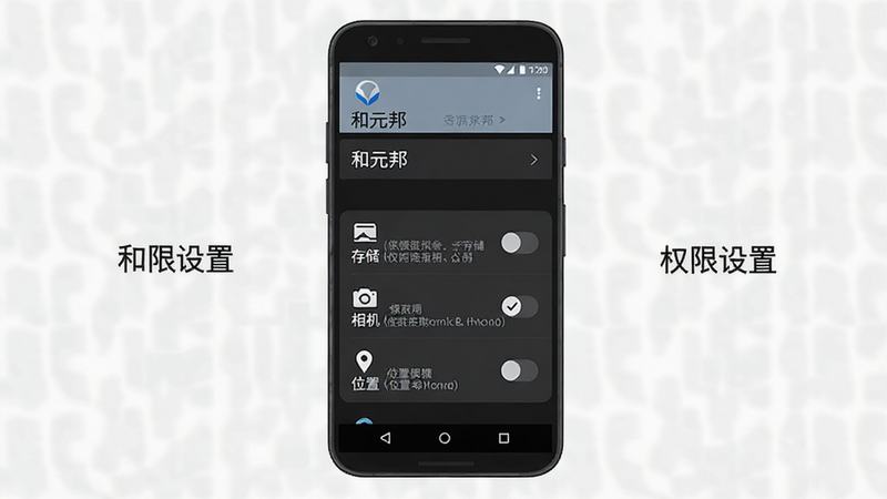 一张手机设置界面示意图,显示“和元邦”APP的权限管理页面,勾选了“存储”、“相机”、“位置”权限。主体为手机屏幕,布局简洁,风格为iOS/Android系统原生风格,细节包括开关按钮、权限说明文字,画质清晰,干净背景,文字标注