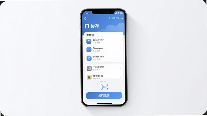 传存 App 首页界面预览图,主体为手机屏幕显示传存主界面,布局清晰,顶部显示当前设备状态,中间为待传输文件列表,底部为扫码连接按钮,风格简约现代,细节精致,画质高清,干净无多余元素,文字