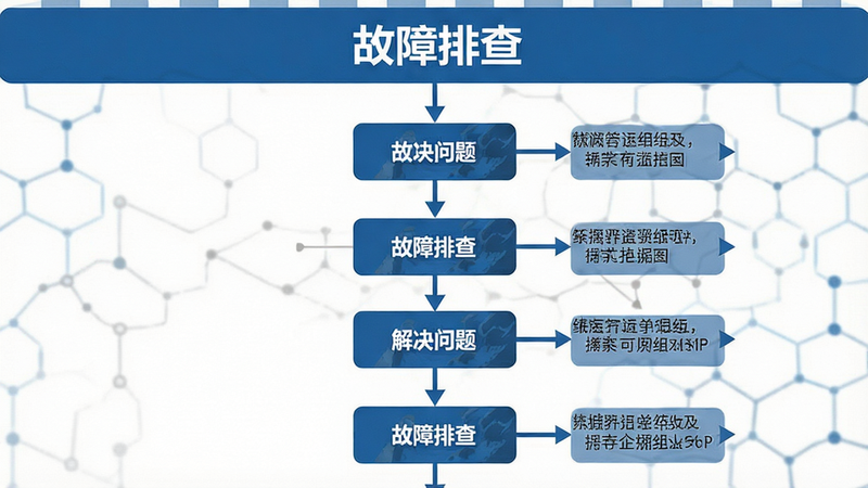 故障排查流程图,主体为解决问题的步骤图,布局垂直向下,节点清晰,风格专业严谨,细节标注明确,画质高清,干净无多余元素,文字