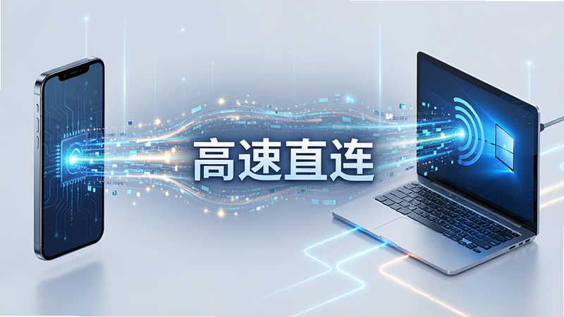 数据传输速度示意图,主体为两个设备间的高速数据流,布局左右对称,左侧手机右侧电脑,中间光效代表数据流动,风格科技感强,细节丰富,画质高清,干净无多余元素,文字