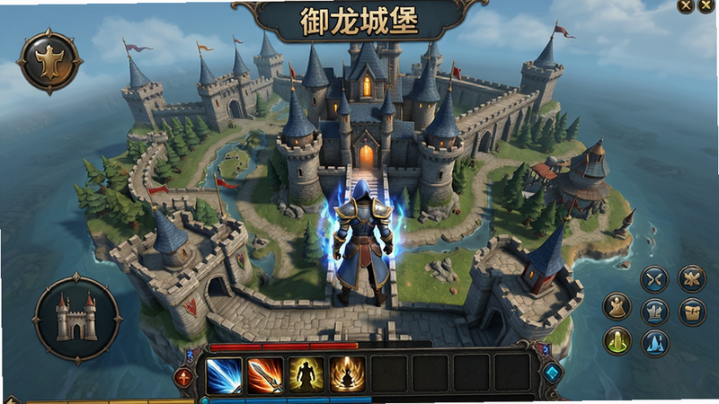 主体为《御龙城堡》游戏主界面截图,布局呈现全屏地图与底部技能栏,排版整洁,风格为3D写实奇幻风,细节展示角色装备光效与UI按钮,画质高清,干净,无多余元素,文字