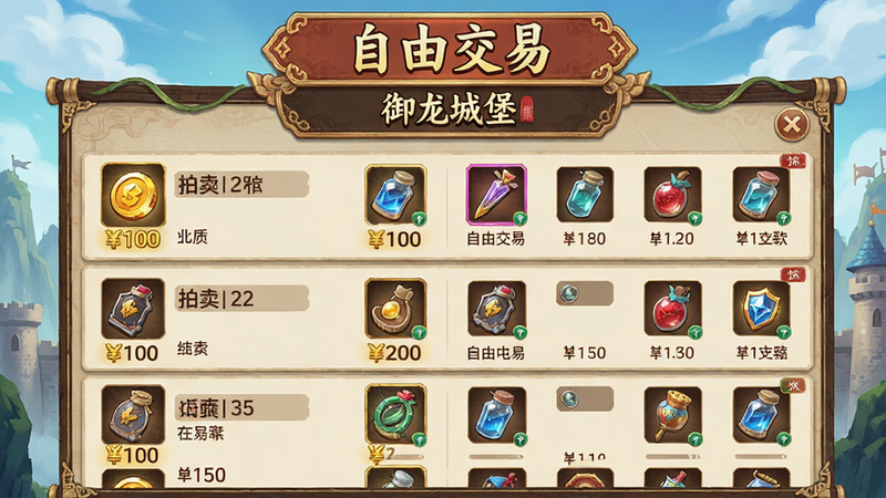 主体为《御龙城堡》拍卖行界面,布局为列表式展示商品,排版清晰,风格为古风UI设计,细节显示金币价格与物品图标,画质明亮,干净,无多余元素,文字