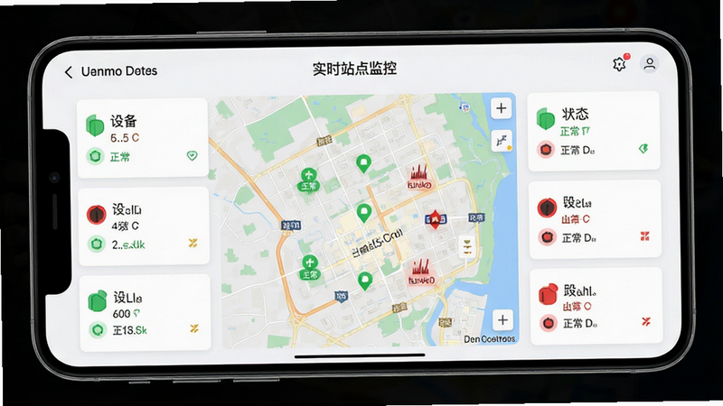 主体为手机端地图监控界面,布局中心为站点地图,周围环绕设备状态标记,排版清晰,风格为简洁UI设计,细节显示绿色正常与红色故障标记,画质高清,干净,无多余元素,文字标注