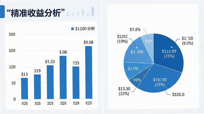 主体为手机端数据分析报表,布局为柱状图与饼图组合,排版左右分栏,风格为商务蓝调,细节显示金额数字与百分比,画质高清,干净,无多余元素,文字标注