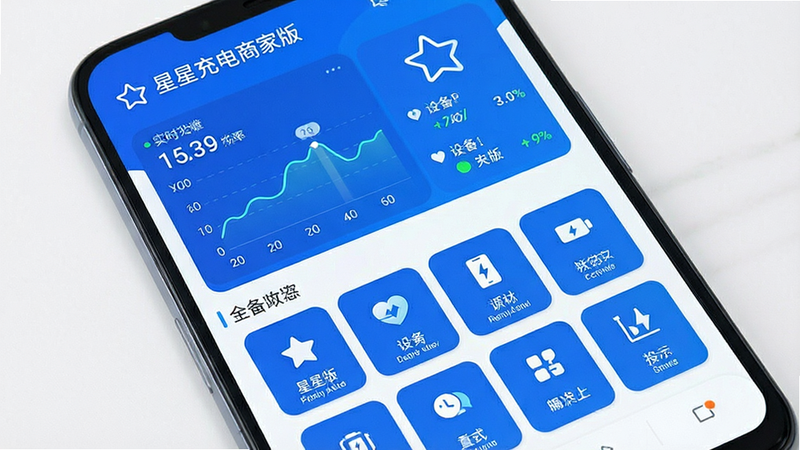 主体为手机屏幕显示星星充电商家版安卓界面,布局采用顶部数据看板与底部功能网格,排版清晰紧凑,风格为现代科技感蓝白配色,细节包含实时功率曲线与设备状态图标,画质高清,干净,无多余元素,文字标注