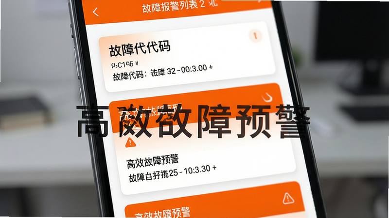 主体为手机端故障报警列表,布局为卡片式消息流,排版纵向滚动,风格为警示橙白配色,细节显示故障代码与时间戳,画质高清,干净,无多余元素,文字标注