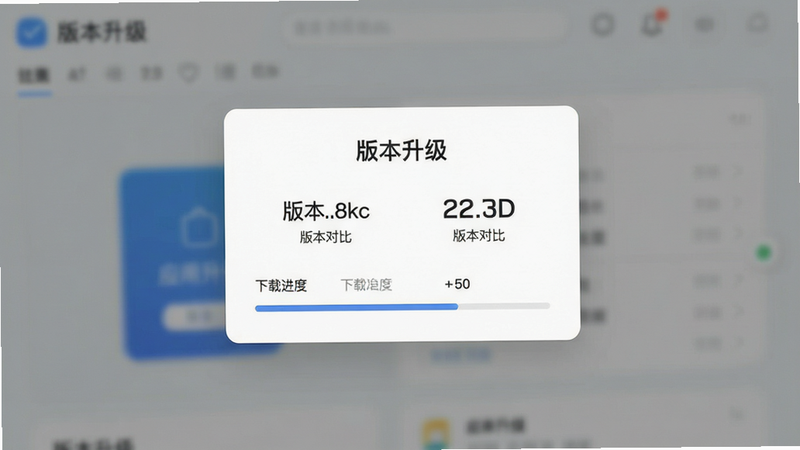 主体为应用升级界面,布局为中心弹窗,排版简洁,风格为现代简约,细节显示版本号对比与下载进度条,画质高清,干净,无多余元素,文字标注