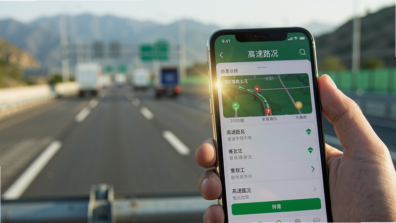 生成一张写实风格的照片,显示一只手握着手机,屏幕上显示'高速路况'APP界面,背景是模糊的高速公路路面和远处的山脉,阳光照射在屏幕上,画面清晰,细节真实,色彩自然,无多余文字干扰