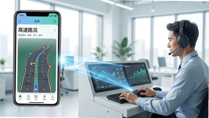 生成一张现代简约风格的概念图,左侧是手机屏幕显示'高速路况'APP,右侧是一个戴着耳机的工作人员在操作控制台,中间通过光束连接,象征数据同步,背景为明亮的办公室环境,色调清新,布局平衡,细节清晰,高分辨率,无冗余装饰