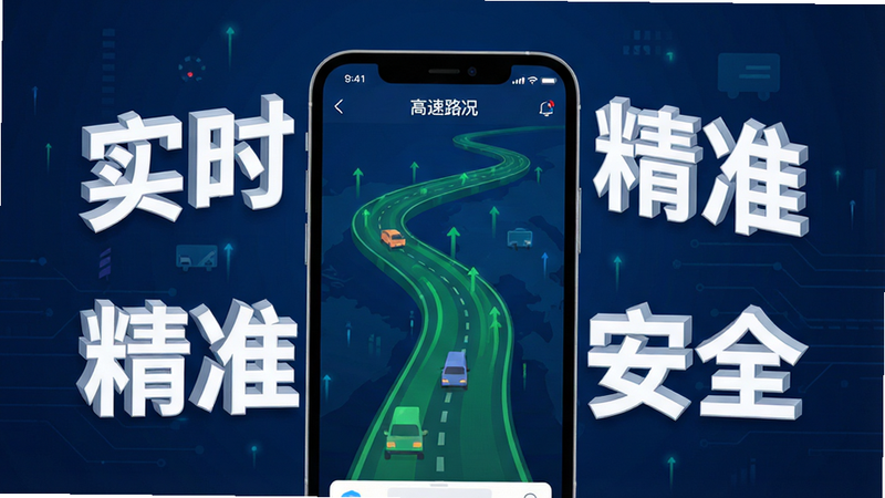生成一张扁平化风格的高清UI设计图,主体为手机界面,显示'高速路况'APP首页,背景为深蓝色科技风,中间有绿色的道路线条动画,周围环绕着'实时'、'精准'、'安全'等白色立体文字,布局简洁大气,细节丰富,4K高清,无多余元素