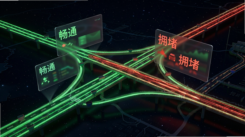 生成一张3D渲染风格的地图示意图,展示高速公路网络,道路以发光的绿色和红色线条呈现,代表不同路况,上方悬浮着半透明的数据面板,显示'畅通'和'拥堵'状态,背景为深色星空,科技感强,细节精致,高清画质,干净无杂物