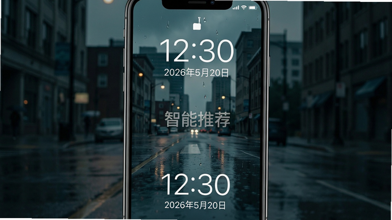 主体为手机锁屏界面,背景是一张雨后城市街景的忧郁风格壁纸,屏幕下方显示时间“12:30”和日期“2026年5月20日”。布局居中对称,排版简约,风格清新写实,细节处有雨滴反光效果,画质细腻,干净,无多余元素,文字“智能推荐”作为水印隐约可见