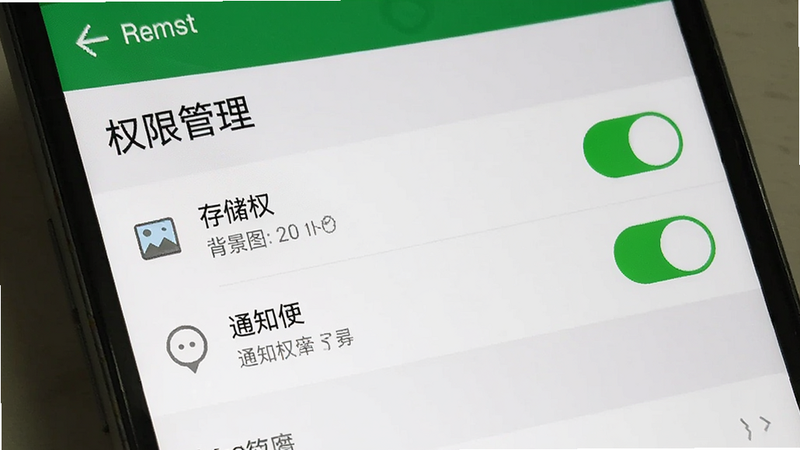主体为手机设置界面,显示“背景图”应用的权限管理页面,存储权限、通知权限均处于开启状态,开关为绿色。布局列表式,排版清晰,风格系统原生UI,细节处有权限图标,画质清晰,干净,无多余元素,文字“权限管理”清晰可见