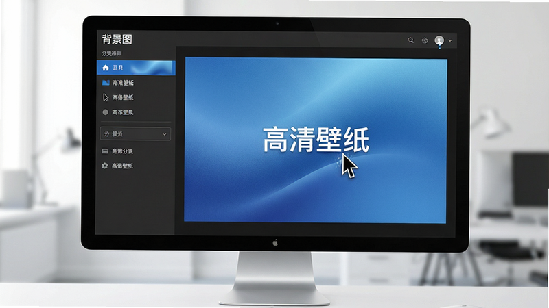 主体为电脑显示器屏幕,显示“背景图”软件的高清图片浏览界面,左侧为分类导航栏,右侧大图预览一张蓝色渐变背景图,图片质感细腻。布局左右分栏,排版专业简洁,风格商务科技,细节处有鼠标指针悬停效果,画质高清,干净,无多余元素,文字“高清壁纸”清晰可见