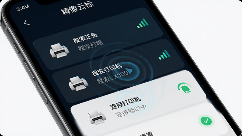 �����Ʊ��豸���ӽ���ʾ��ͼ������Ϊ�ֻ�Ӧ�ý��棬��ʾ����ɨ�踽���Ĵ�ӡ�������ֲ����б���ʽչʾ�ѷ��ֵ��豸��ÿ���豸�����ź�ǿ��ͼ�꣬�Ű��������Ϣ�㼶���������Ƽ���ǿ��ϸ��չʾ��������Ч��������״ָ̬ʾ�ƣ����������������ұ��������ֱ�ע�������Ʊꡱ