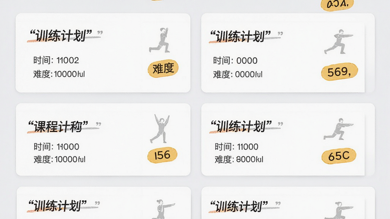 主体为训练计划列表界面,布局垂直滚动卡片式,每张卡片包含课程名称、时长和难度标签,背景为浅灰色,风格简洁明快,细节展示不同训练动作图标,画质高清,干净,无多余元素,文字加引号“训练计划”