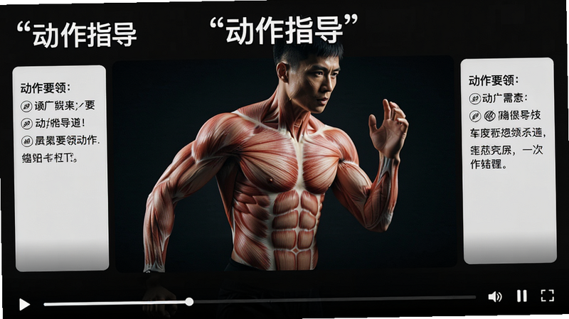 主体为动作指导视频播放界面,布局全屏视频窗口,底部为进度条和控制按钮,两侧有文字提示框显示动作要领,背景为深色,风格沉浸专注,细节清晰展示人物肌肉发力状态,画质锐利,干净,无多余元素,文字加引号“动作指导”
