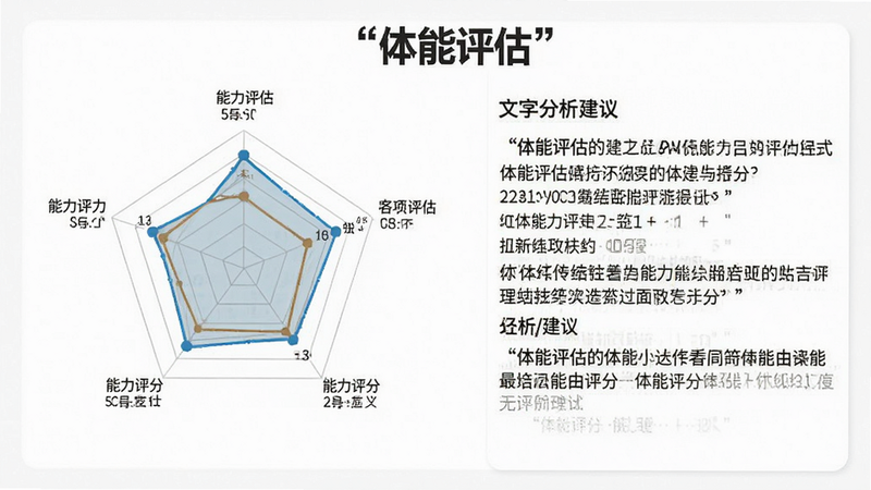主体为体能评估报告界面示意图,布局左侧为雷达图展示各项能力得分,右侧为文字分析建议,背景为白色,风格专业严谨,细节包含具体数据指标,画质清晰,干净,无多余元素,文字加引号“体能评估”