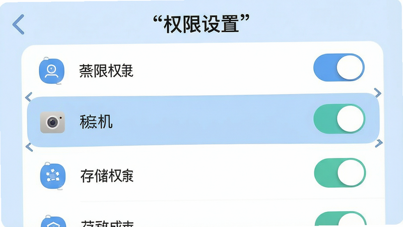 主体为手机设置界面示意图,布局显示应用权限管理列表,重点高亮显示相机、存储权限开关,背景为浅蓝色,风格清晰直观,细节展示权限图标,画质高清,干净,无多余元素,文字加引号“权限设置”