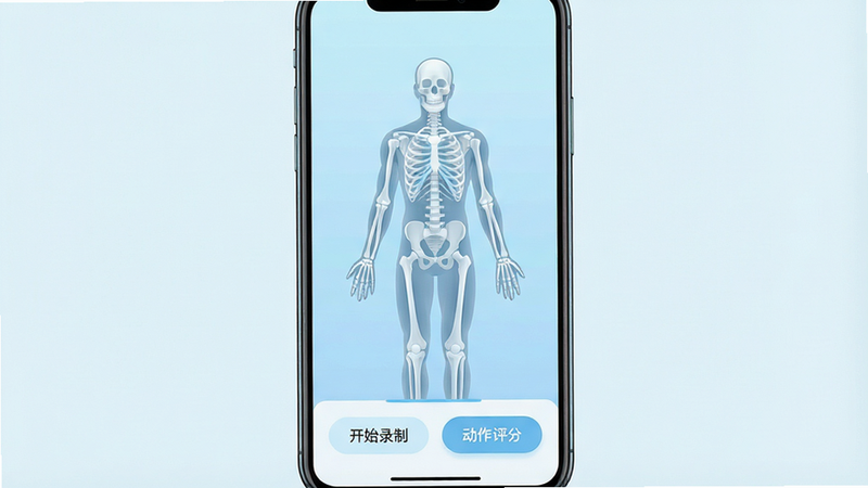 一张高清扁平化风格的手机应用界面展示图,主体为智能手机屏幕,屏幕中央显示着一个半透明的人体骨骼线条模型,背景为柔和的浅蓝色渐变,界面底部有清晰的“开始录制”和“动作评分”按钮,整体布局对称平衡,色彩清新明亮,细节精致,画质4k,无多余元素,干净清爽