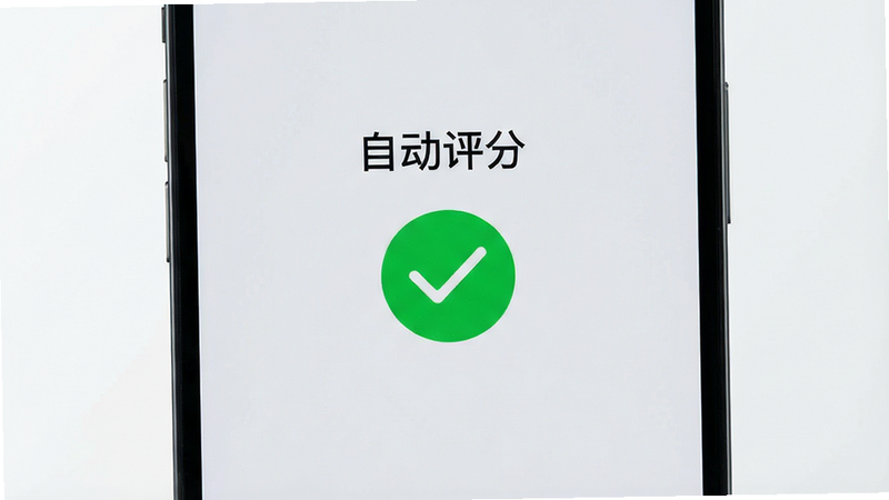 手机屏幕显示“自动评分”开启状态,界面简洁,绿色对勾图标醒目,背景为浅灰色,布局居中,风格极简,细节清晰,高清,无多余元素,干净
