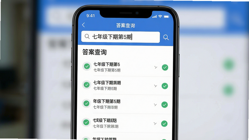 画面主体为手机界面截图,显示搜索框内输入“七年级下期第5期”,下方列表清晰列出对应答案条目。背景虚化处理,突出前景的列表界面。布局为上下结构,上方为搜索栏,下方为结果列表。风格为清晰的功能演示图,细节展现列表项中的对勾标记,画质高清,无杂乱背景,文字“答案查询”清晰可见。