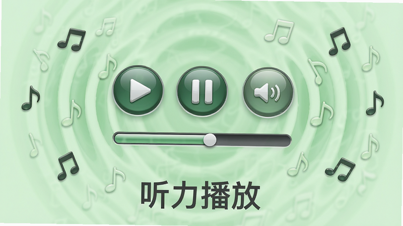 视觉中心为一个播放控件,包含播放、暂停、进度条按钮,背景为柔和的绿色波纹图案,象征声音传播。周围点缀着音符图标,布局呈放射状。风格为极简主义,细节强调按钮的立体感与光泽,画质纯净,无多余装饰,文字“听力播放”以深灰色字体标注在底部。
