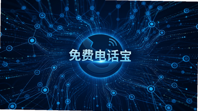 抽象的网络节点连接图,中心是“免费电话宝”字样,周围是密集但有序的数据流线条,象征高速稳定的网络传输,蓝色主色调,科技感强,画质高清