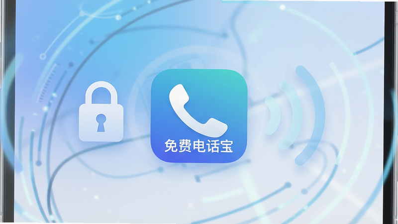 一张展示手机屏幕界面的高清图片,屏幕中央显示“免费电话宝”App图标,背景为柔和的蓝白色渐变科技风格,周围环绕着象征安全锁和信号波的抽象线条,画面简洁现代,无多余杂物,4k分辨率,清晰锐利