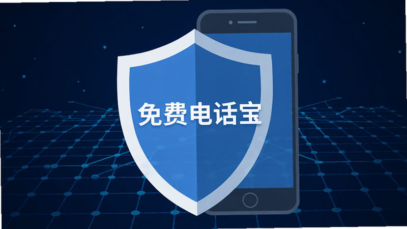 盾牌图标与手机结合的视觉设计,盾牌上写着“免费电话宝”,背景为深蓝色科技网格,象征安全与防护,简约扁平化风格,高清