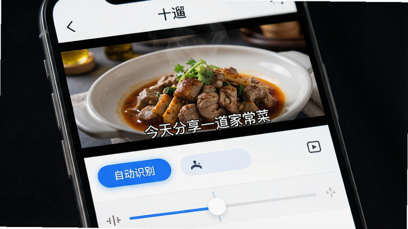 主体为手机界面,展示“十遛”APP的字幕编辑页面。布局上方为视频预览区,显示一段美食视频,下方为字幕编辑区,显示自动生成的白色文字“今天分享一道家常菜”。排版紧凑,风格科技感强,蓝色高光强调“自动识别”按钮。细节处可见时间轴滑块,画质高清,干净,无多余元素,4k分辨率。