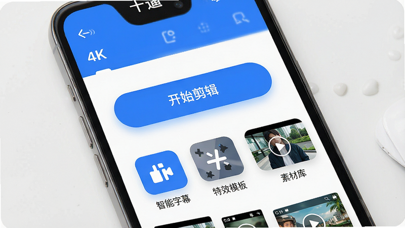 主体为手机屏幕界面,显示“十遛”APP首页,布局清晰,顶部有导航栏,中间展示“开始剪辑”大按钮,下方排列着“智能字幕”、“特效模板”、“素材库”等模块图标。排版整洁有序,风格现代简约,采用蓝白配色方案。细节处可见高清视频缩略图,画质清晰,干净无多余元素,无水印,4k分辨率。
