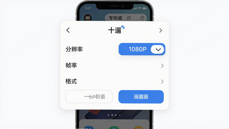 主体为手机屏幕,显示“十遛”APP的导出设置弹窗。布局居中,选项包括“分辨率”、“帧率”、“格式”。风格现代UI,按钮清晰。细节处可见“1080P”被高亮选中,画质清晰,干净,无多余元素,4k分辨率。