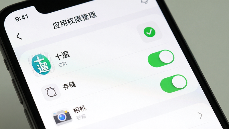 主体为手机设置界面,显示“应用权限管理”页面,突出显示“十遛”应用的“存储”和“相机”权限开关已开启。布局简洁,列表形式展示。风格扁平化,UI设计规范。细节处可见绿色对勾图标,画质清晰,干净,无多余元素,4k分辨率。