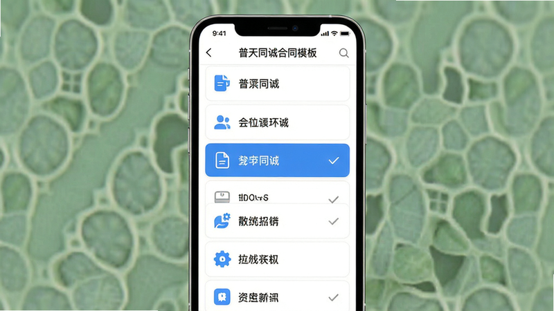 ����ͬ�Ϻ�ͬģ��ѡ����棬����Ϊ�ֻ��б�ҳ������Ϊ��ֱ�����б���ÿ�����ͼ������⣬����Լ��ɫ������ϸ����ʾѡ�и���Ч�������ʸ��壬�ɾ����޶���Ԫ��