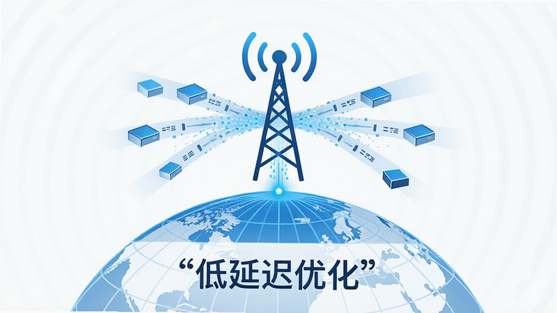 主体为手机信号塔与地球连接图,中间显示低延迟数据,布局呈放射状,排版平衡,风格为极简科技蓝,细节包含数据包流动特效与地球网格,画质高清,干净无多余元素,文字