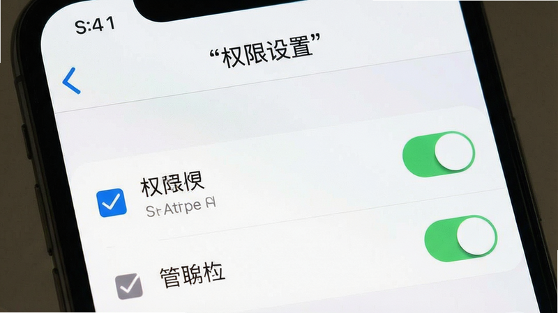 主体为手机设置界面截图,显示权限管理页面,布局清晰,排版整齐,风格为UI设计风,细节包含勾选图标与开关按钮,画质高清,干净无多余元素,文字