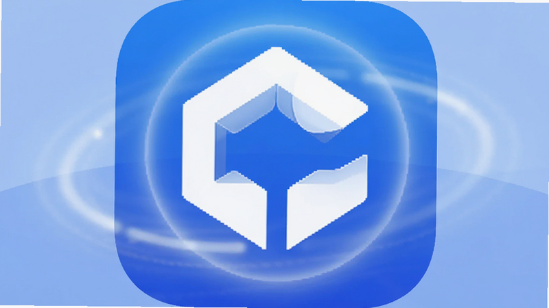 Combos应用图标展示,蓝色背景,白色几何图形Logo,周围环绕着光晕,风格简约现代,居中构图,高清清晰,无文字干扰