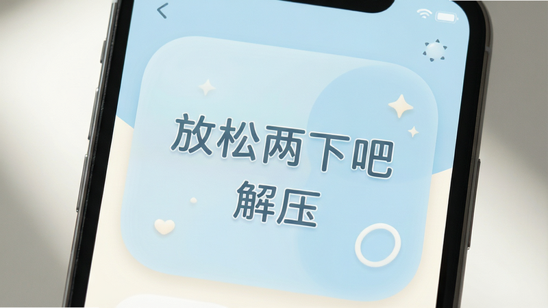 主体为手机屏幕特写,显示一款名为“放松两下吧”的APP界面,布局简洁清爽,采用淡蓝色和米白色为主色调,排版居中对称,风格清新治愈,细节处有柔和的光影效果,画面中包含文字“放松两下吧”和“解压”,画质高清,干净无多余元素