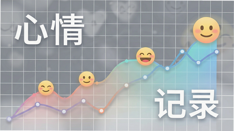 主体为折线图和表情图标组合,背景为浅灰色网格,布局上下分层,排版清晰有序,风格扁平化设计,细节处有柔和的色彩渐变,画面中包含文字“心情”和“记录”,画质清晰,干净无多余元素