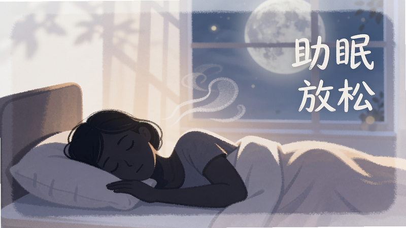 主体为一个人躺在床上睡觉的剪影,背景为柔和的月光,布局温馨宁静,排版留白充足,风格插画风,细节处有轻柔的呼吸波纹,画面中包含文字“助眠”和“放松”,画质柔和,干净无多余元素