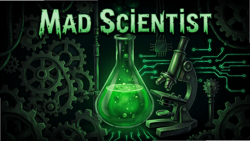 Mad Scientist��Ϸ�����棬��ɫ������������ʾ�޴����ɫ��ƿ����΢������Χ�����Ÿ��ӵĳ��ֺͷ���ĵ�·������