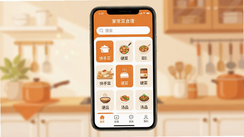 ����Ϊ�ֻ�����չʾͼ�����־��У���ʾ���ҳ���ʳ�ס�APP��ҳ������Ϊ���������в�Ϊ���࿨Ƭ������ֲˡ�Ӳ�ˡ���Ʒ�����ײ�Ϊ�����������Ϊ��ƽ���ִ�UI��ƣ�ɫ����ů��ɫ�Ͱ�ɫΪ����Ӫ����ܰ������Χ��ϸ�ڰ���������ͼ������ֱ�ǩ�����ʸ��壬�ɾ��޶���Ԫ�ء�