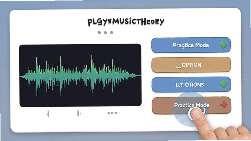 plgymusictheory ������ϰ���棬������ʾһ�����⿨Ƭ���������Ƶ����ͼ���Ҳ���ѡ�ť���������ҽṹ���Ű�������򣬷���Ѻ����У�ϸ��չʾ��ָ�����ť�Ķ�̬Ч���������������ɾ����޶���Ԫ�أ����ְ���