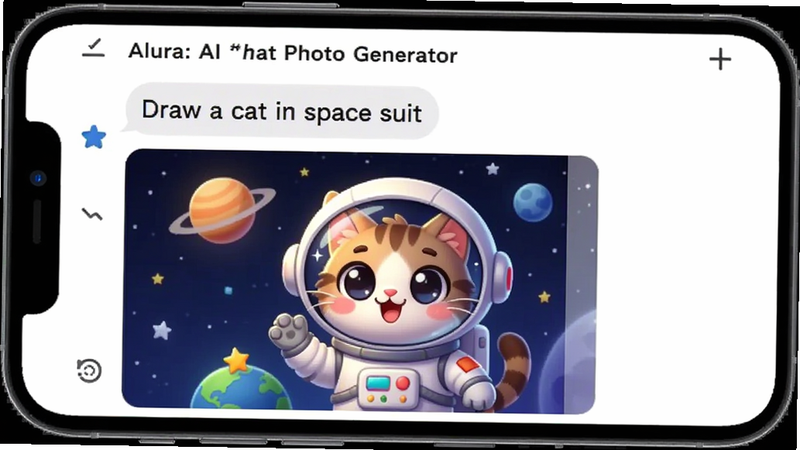 �ֻ���Ļ����ʾ Alura: AI Chat Photo Generator �Ľ��棬�Ի�������ʾ���� 