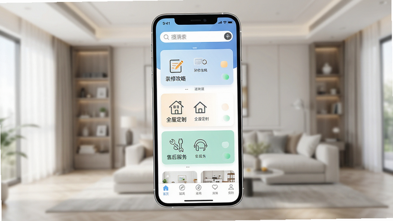 福满屋APP界面全景展示,主体为手机屏幕,显示首页界面,布局包含顶部搜索栏、中部“装修攻略”、“全屋定制”、“售后服务”三个大图标入口,底部导航栏,风格为现代简约清新,细节丰富,高清,干净,无多余元素