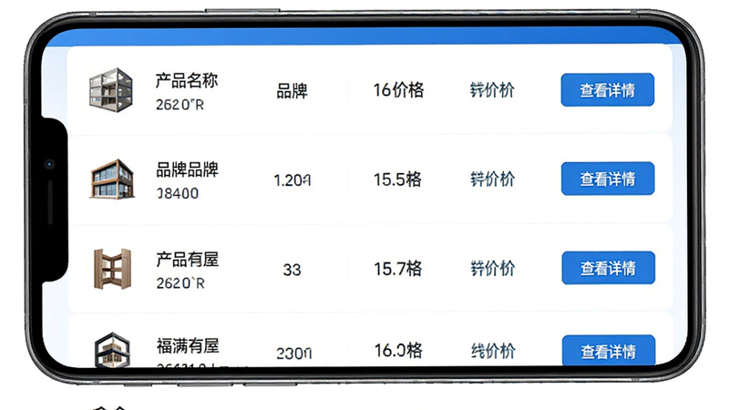 福满屋APP建材比价功能界面,主体为手机屏幕,显示列表视图,每行显示产品名称、品牌、规格、线上价格、线下价格及“查看详情”按钮,风格简洁商务,配色以蓝白为主,细节排版整齐,高清,干净,无多余元素